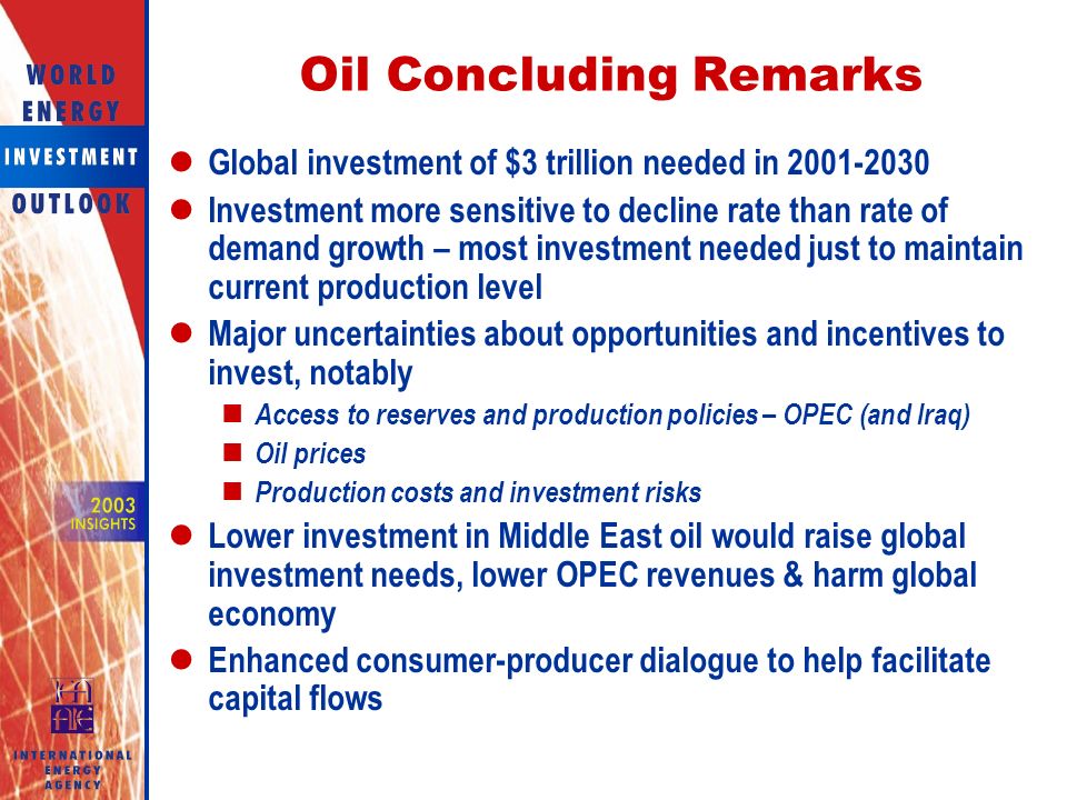 Oil Concluding Remarks Global investment of $3 trillion needed in Investment more sensitive to decline rate than rate of demand growth – most investment needed just to maintain current production level Major uncertainties about opportunities and incentives to invest, notably Access to reserves and production policies – OPEC (and Iraq) Oil prices Production costs and investment risks Lower investment in Middle East oil would raise global investment needs, lower OPEC revenues & harm global economy Enhanced consumer-producer dialogue to help facilitate capital flows