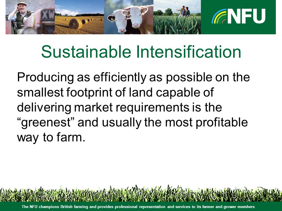The NFU champions British farming and provides professional representation and services to its farmer and grower members Sustainable Intensification Producing as efficiently as possible on the smallest footprint of land capable of delivering market requirements is the greenest and usually the most profitable way to farm.