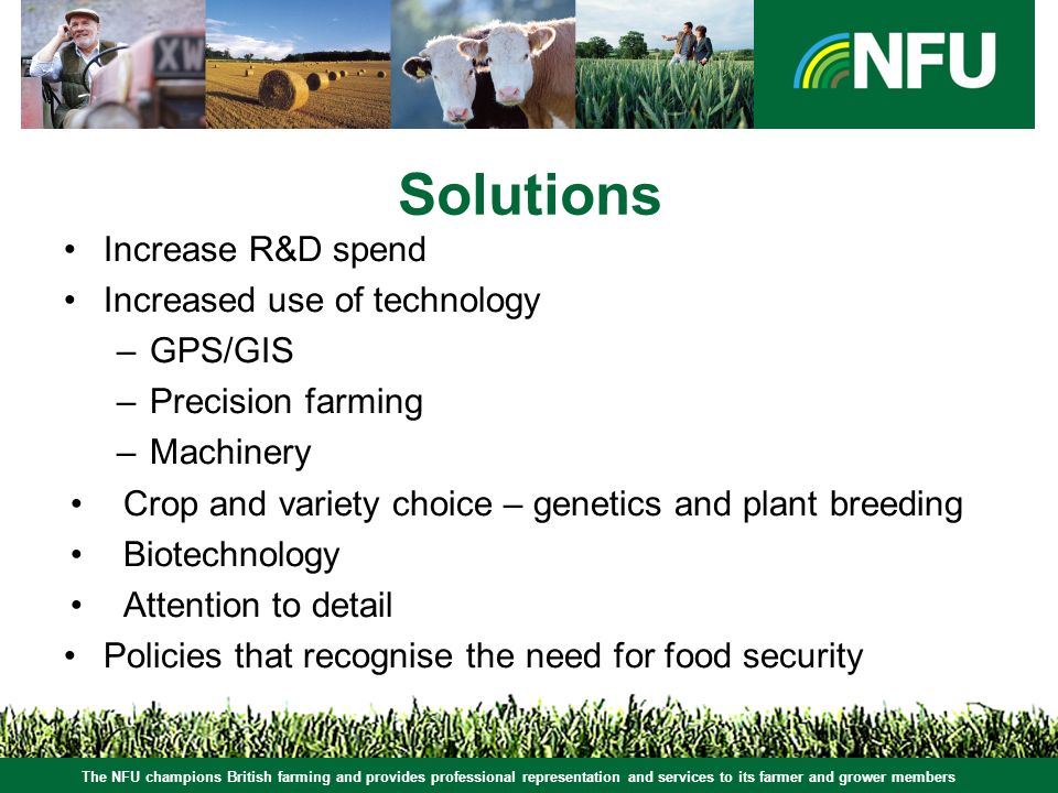 The NFU champions British farming and provides professional representation and services to its farmer and grower members Solutions Increase R&D spend Increased use of technology –GPS/GIS –Precision farming –Machinery Crop and variety choice – genetics and plant breeding Biotechnology Attention to detail Policies that recognise the need for food security