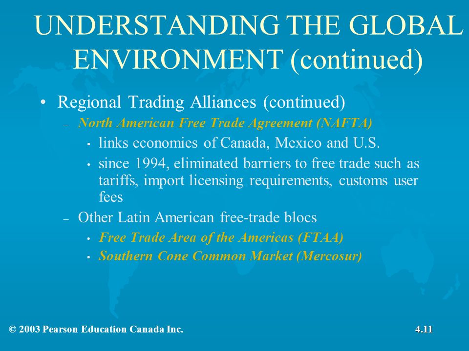 UNDERSTANDING THE GLOBAL ENVIRONMENT (continued) Regional Trading Alliances (continued) – North American Free Trade Agreement (NAFTA) links economies of Canada, Mexico and U.S.