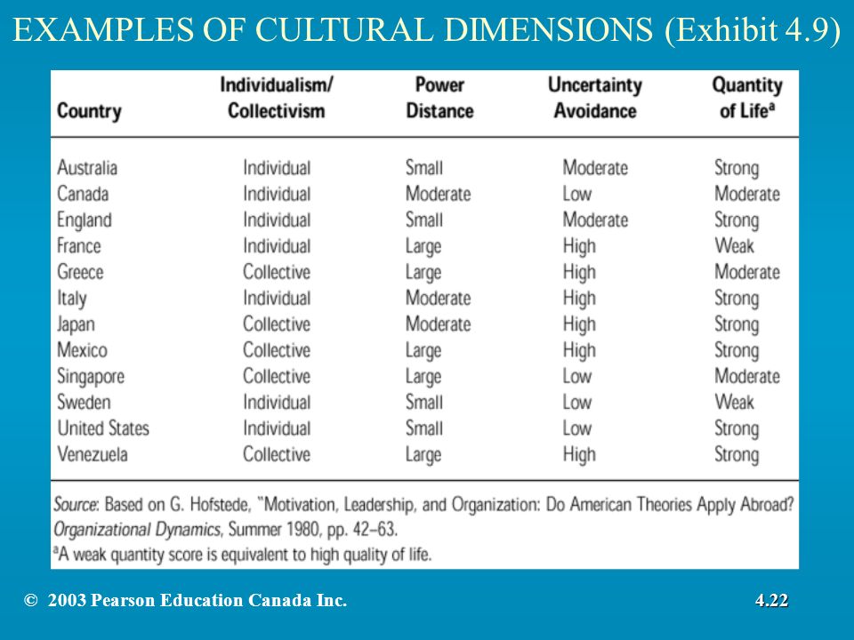 EXAMPLES OF CULTURAL DIMENSIONS (Exhibit 4.9)4.22© 2003 Pearson Education Canada Inc.