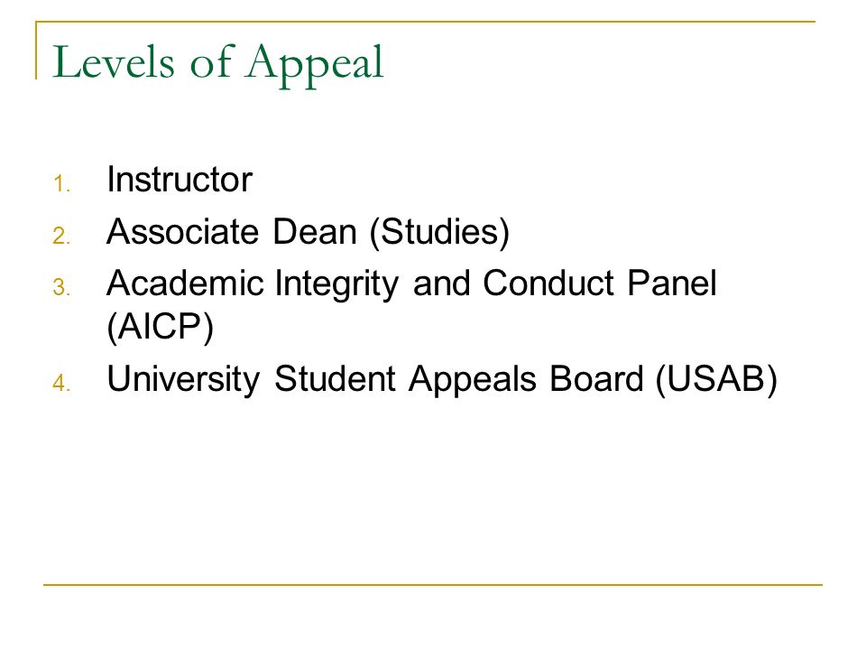 Levels of Appeal 1. Instructor 2. Associate Dean (Studies) 3.