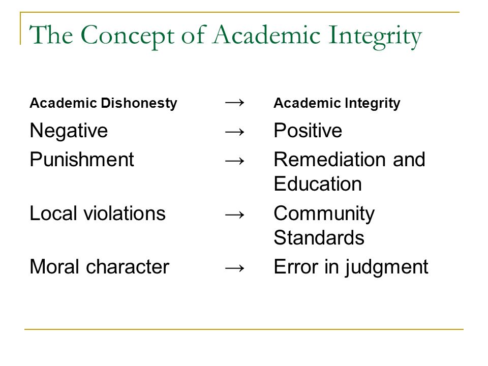 The Concept of Academic Integrity Academic Dishonesty → Academic Integrity Negative→ Positive Punishment→ Remediation and Education Local violations→Community Standards Moral character→Error in judgment