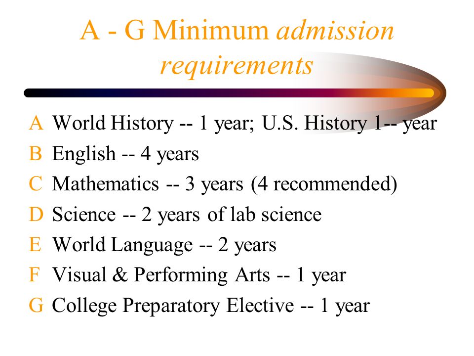 A - G Minimum admission requirements A World History -- 1 year; U.S.