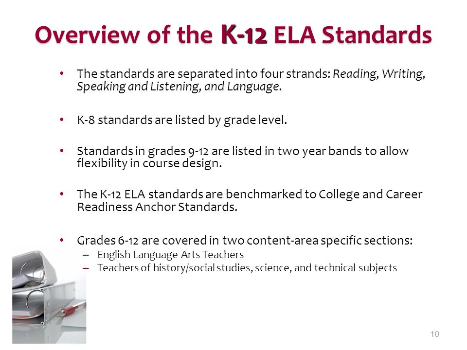 10 Overview of the K-12 ELA Standards The standards are separated into four strands: Reading, Writing, Speaking and Listening, and Language.