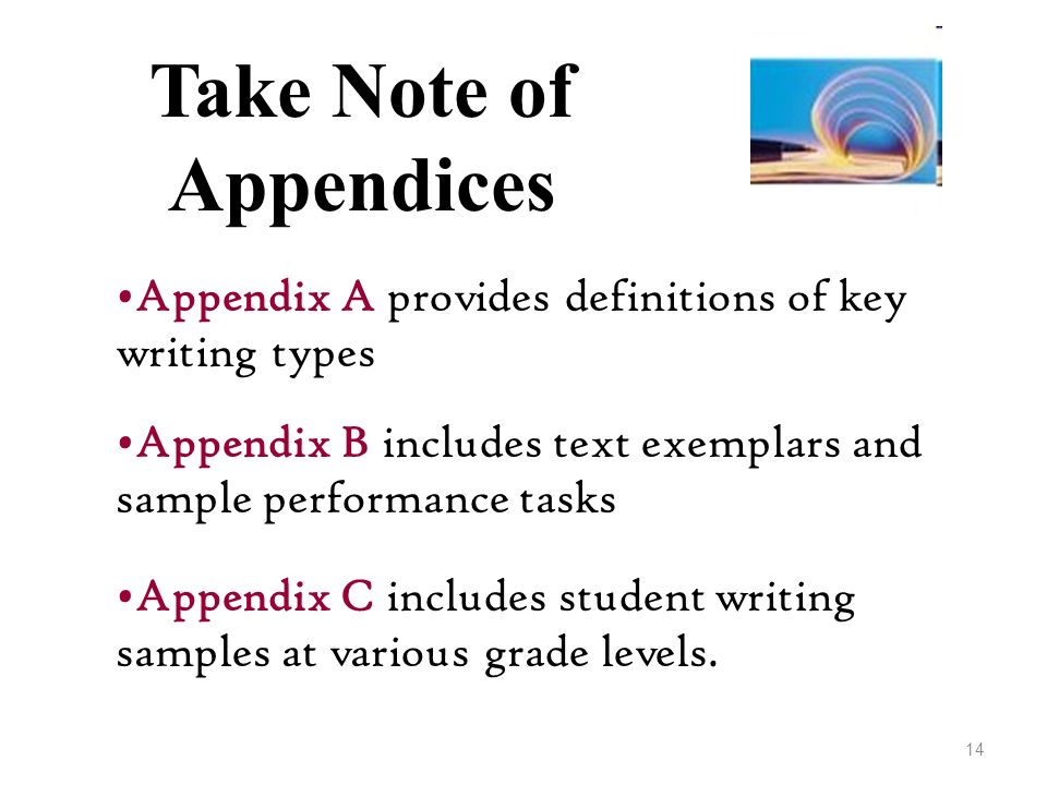 Appendix A provides definitions of key writing types Appendix B includes text exemplars and sample performance tasks Appendix C includes student writing samples at various grade levels.