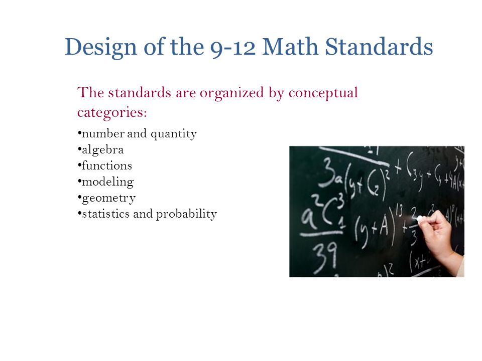 Design of the 9-12 Math Standards The standards are organized by conceptual categories: number and quantity algebra functions modeling geometry statistics and probability
