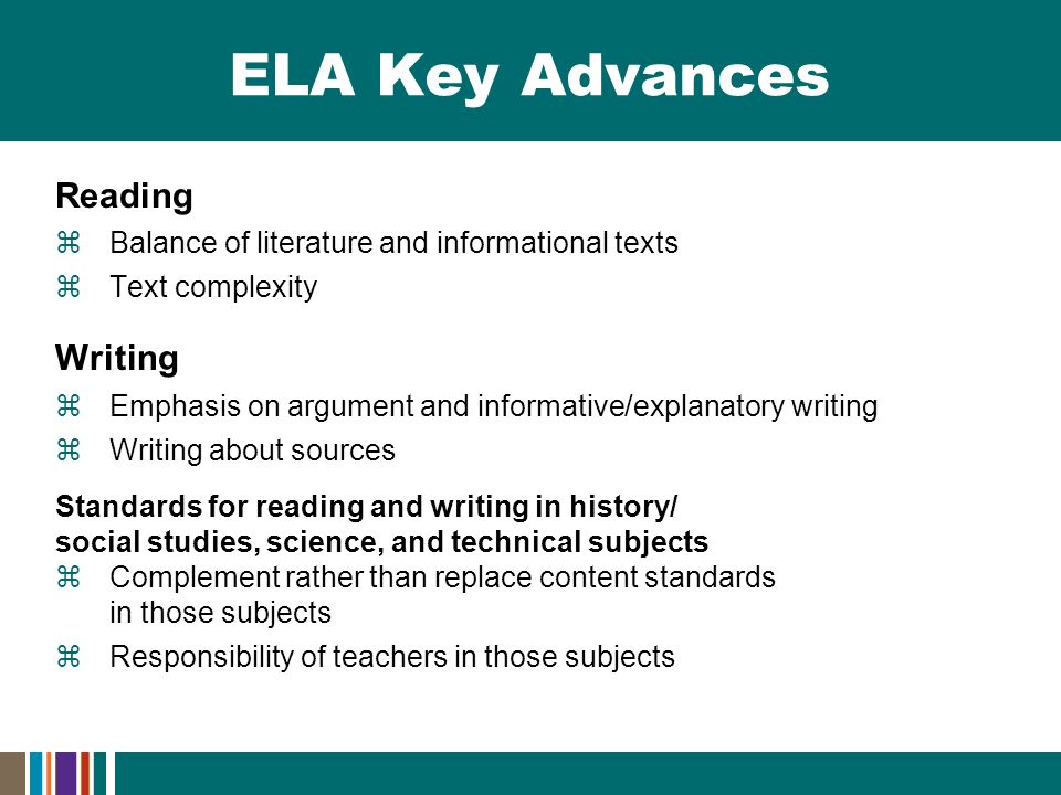 ELA Key Advances Reading  Balance of literature and informational texts  Text complexity Writing  Emphasis on argument and informative/explanatory writing  Writing about sources Standards for reading and writing in history/ social studies, science, and technical subjects  Complement rather than replace content standards in those subjects  Responsibility of teachers in those subjects