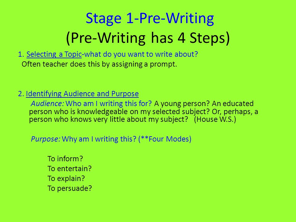 Stage 1-Pre-Writing (Pre-Writing has 4 Steps) 1. Selecting a Topic-what do you want to write about.