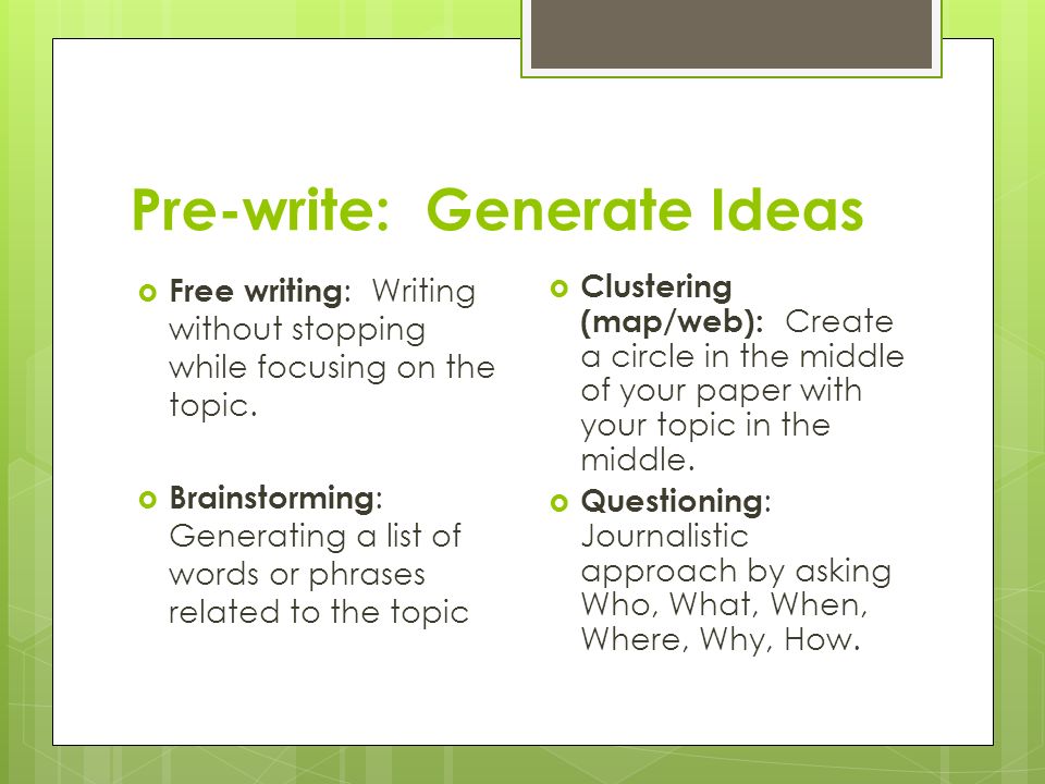 Pre-write: Generate Ideas  Free writing : Writing without stopping while focusing on the topic.