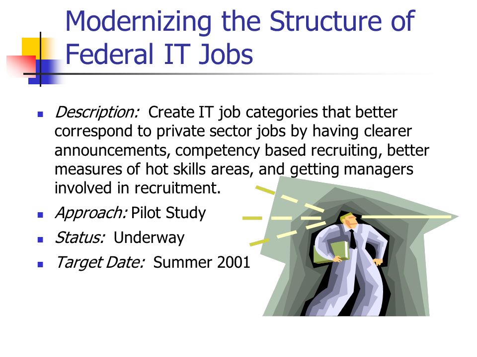 Modernizing the Structure of Federal IT Jobs Description: Create IT job categories that better correspond to private sector jobs by having clearer announcements, competency based recruiting, better measures of hot skills areas, and getting managers involved in recruitment.