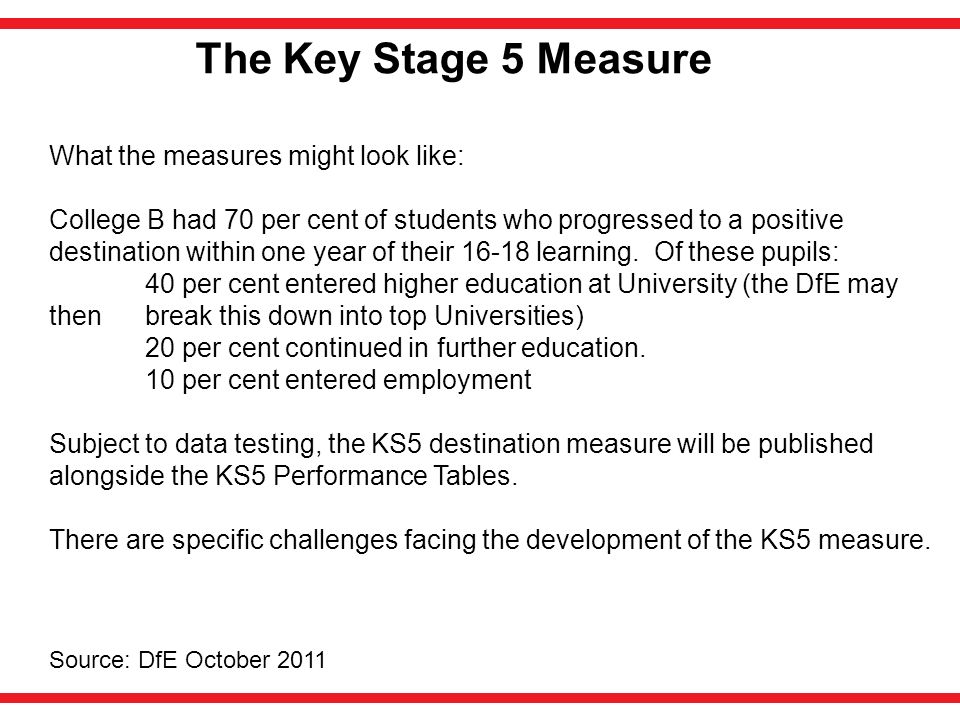 The Key Stage 5 Measure What the measures might look like: College B had 70 per cent of students who progressed to a positive destination within one year of their learning.