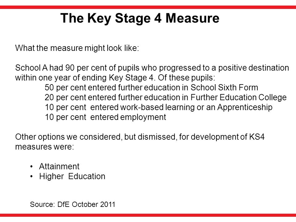 The Key Stage 4 Measure What the measure might look like: School A had 90 per cent of pupils who progressed to a positive destination within one year of ending Key Stage 4.