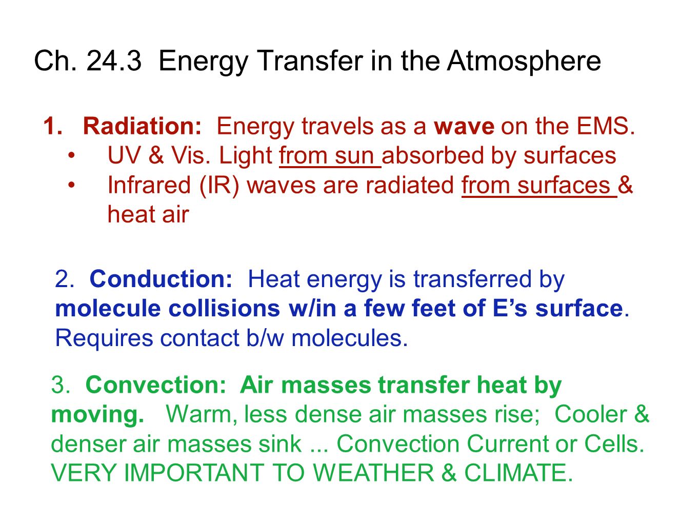 Ch Energy Transfer in the Atmosphere 1.Radiation: Energy travels as a wave on the EMS.