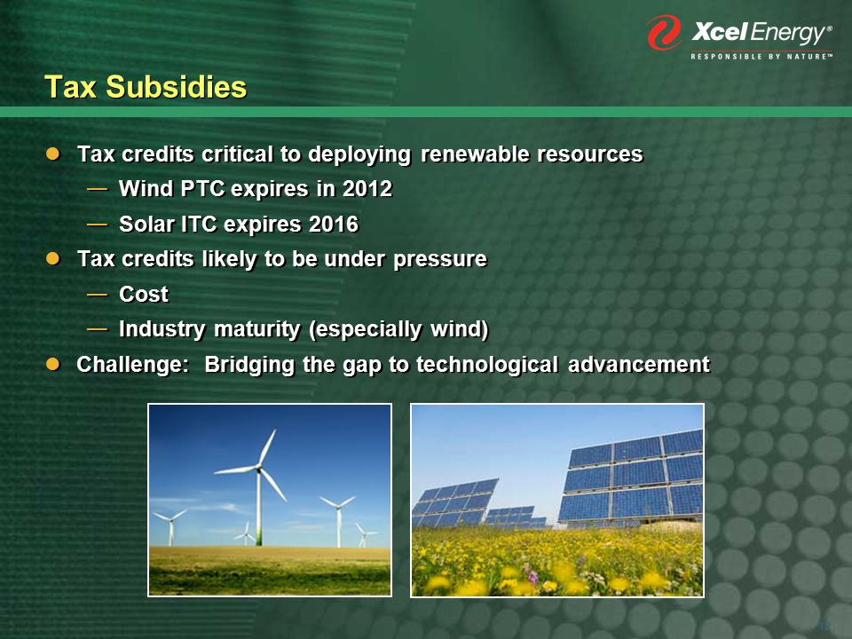 12 Tax credits critical to deploying renewable resources — Wind PTC expires in 2012 — Solar ITC expires 2016 Tax credits likely to be under pressure — Cost — Industry maturity (especially wind) Challenge: Bridging the gap to technological advancement Tax credits critical to deploying renewable resources — Wind PTC expires in 2012 — Solar ITC expires 2016 Tax credits likely to be under pressure — Cost — Industry maturity (especially wind) Challenge: Bridging the gap to technological advancement Tax Subsidies