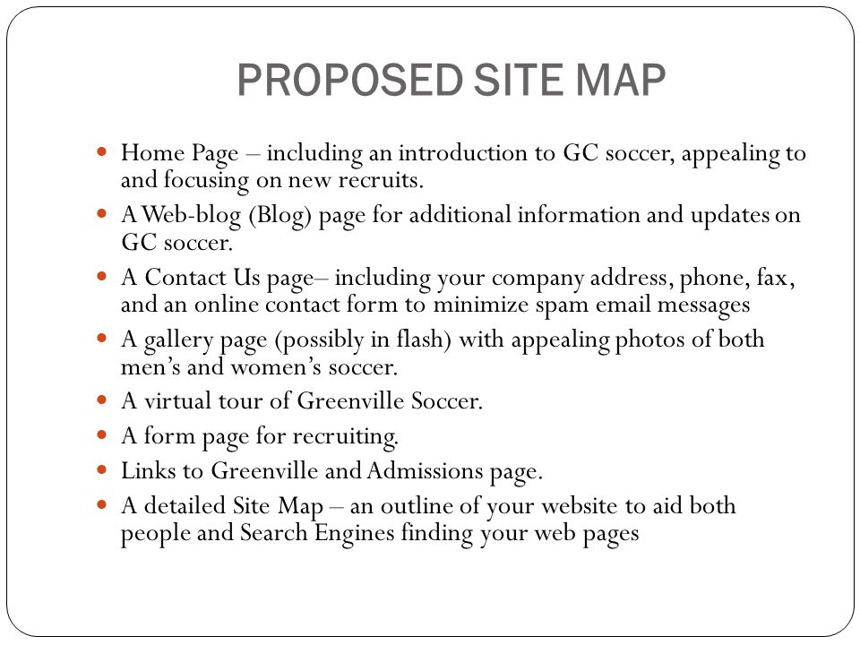 PROPOSED SITE MAP Home Page – including an introduction to GC soccer, appealing to and focusing on new recruits.