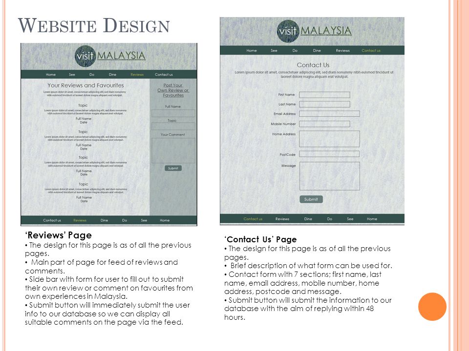 W EBSITE D ESIGN ‘Reviews’ Page The design for this page is as of all the previous pages.