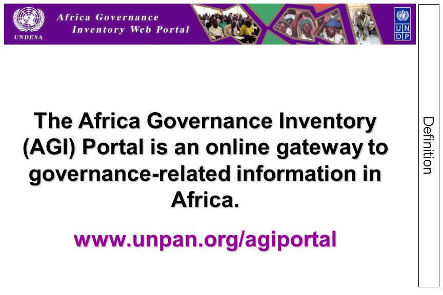 The Africa Governance Inventory (AGI) Portal is an online gateway to governance-related information in Africa.