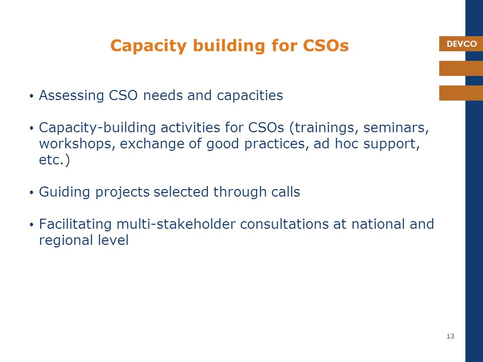 DEVCO Capacity building for CSOs Assessing CSO needs and capacities Capacity-building activities for CSOs (trainings, seminars, workshops, exchange of good practices, ad hoc support, etc.) Guiding projects selected through calls Facilitating multi-stakeholder consultations at national and regional level 13