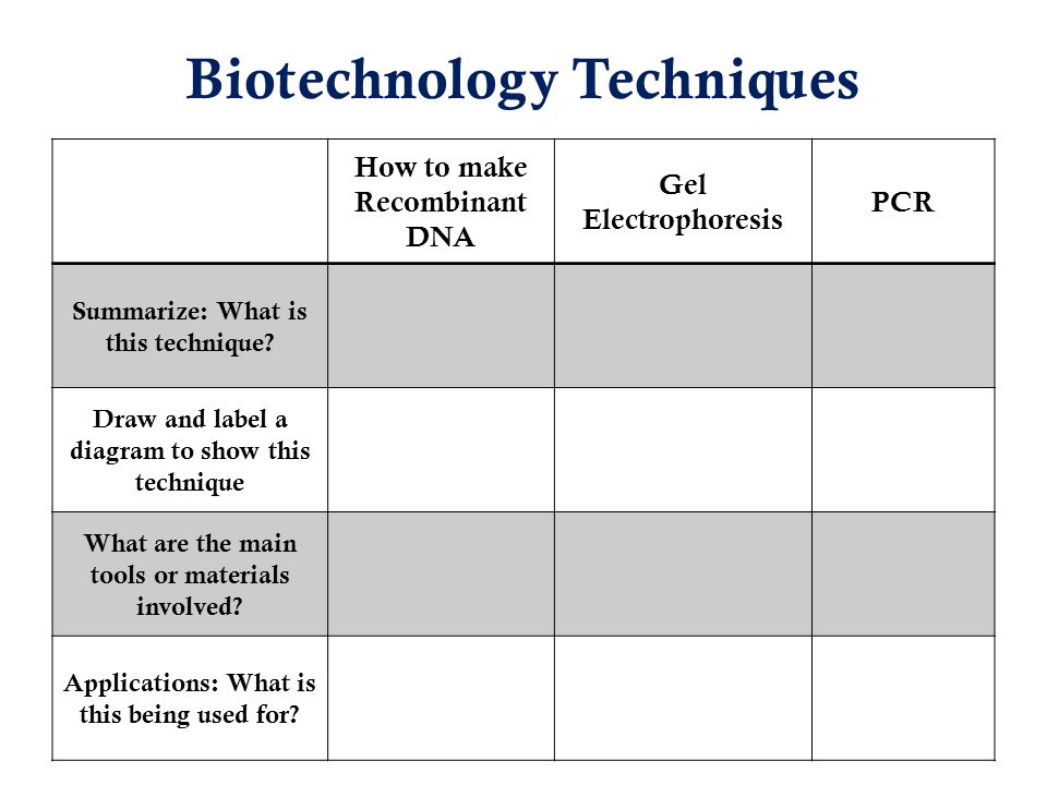 Biotechnology Techniques How to make Recombinant DNA Gel Electrophoresis PCR Summarize: What is this technique.