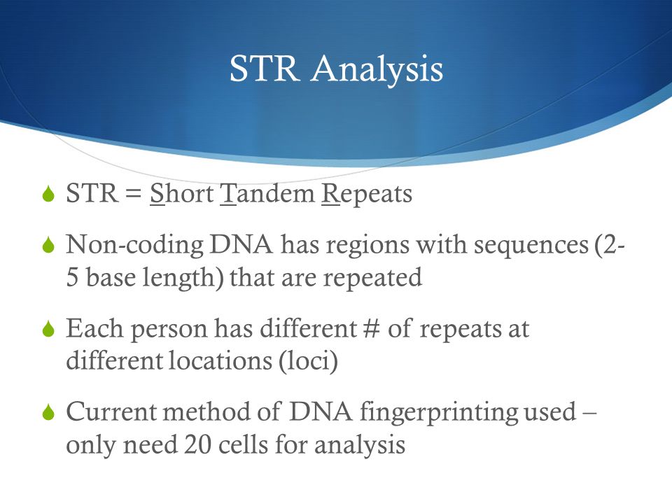 STR Analysis  STR = Short Tandem Repeats  Non-coding DNA has regions with sequences (2- 5 base length) that are repeated  Each person has different # of repeats at different locations (loci)  Current method of DNA fingerprinting used – only need 20 cells for analysis