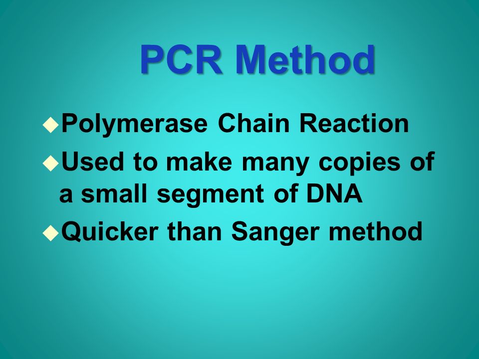 PCR Method u Polymerase Chain Reaction u Used to make many copies of a small segment of DNA u Quicker than Sanger method