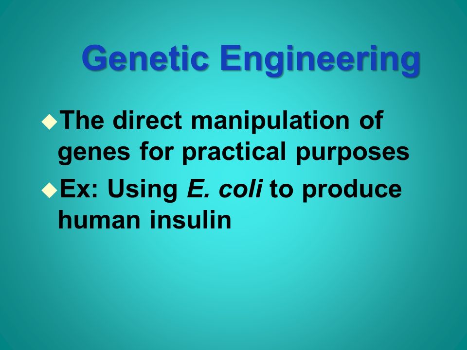 Genetic Engineering u The direct manipulation of genes for practical purposes u Ex: Using E.