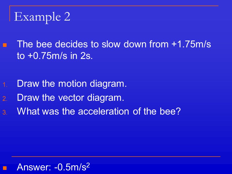 Example 2 The bee decides to slow down from +1.75m/s to +0.75m/s in 2s.