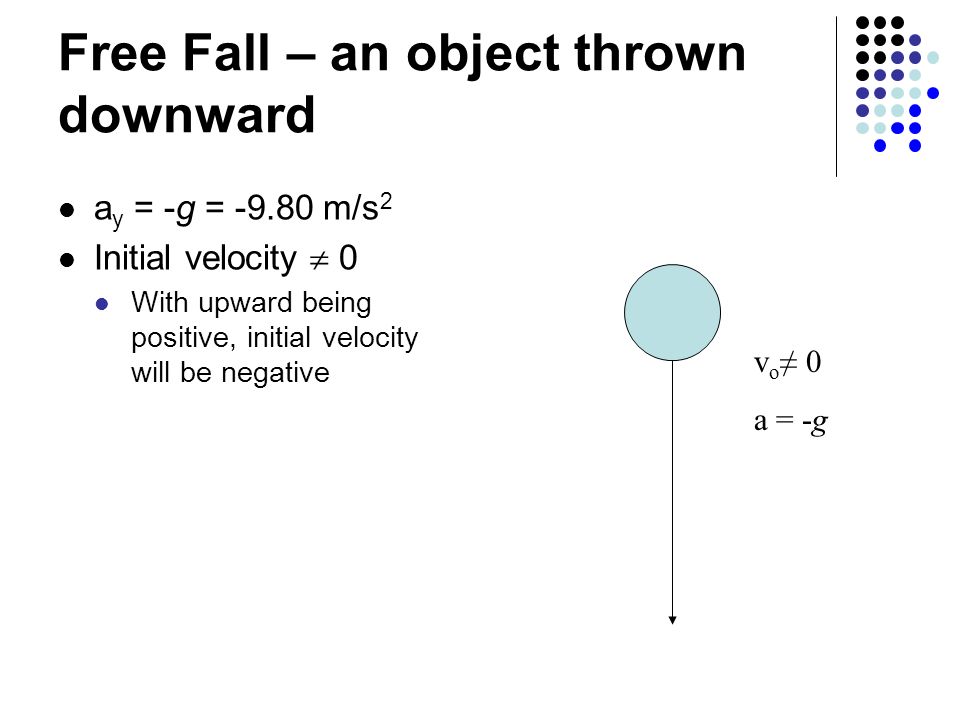 Free Fall – an object thrown downward a y = -g = m/s 2 Initial velocity  0 With upward being positive, initial velocity will be negative v o ≠ 0 a = -g