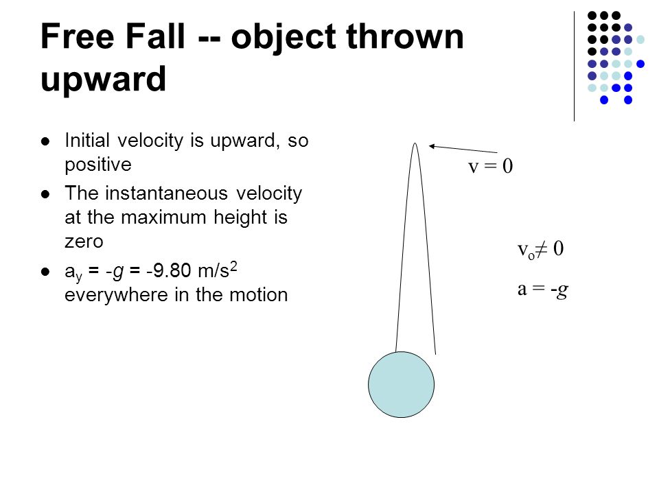 Free Fall -- object thrown upward Initial velocity is upward, so positive The instantaneous velocity at the maximum height is zero a y = -g = m/s 2 everywhere in the motion v = 0 v o ≠ 0 a = -g