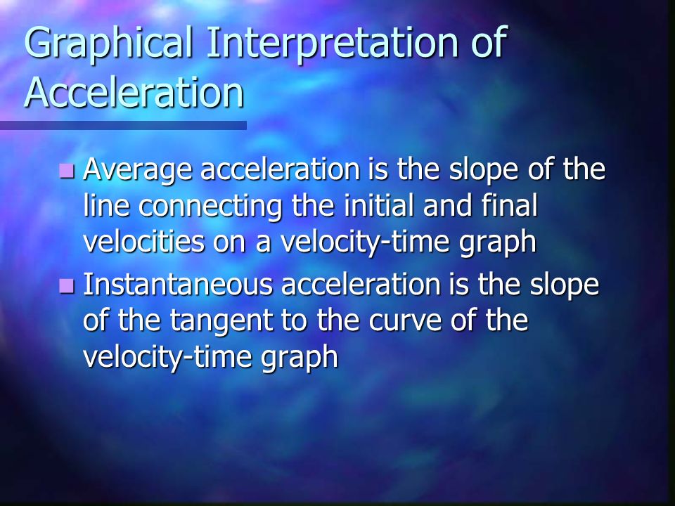 Graphical Interpretation of Acceleration Average acceleration is the slope of the line connecting the initial and final velocities on a velocity-time graph Average acceleration is the slope of the line connecting the initial and final velocities on a velocity-time graph Instantaneous acceleration is the slope of the tangent to the curve of the velocity-time graph Instantaneous acceleration is the slope of the tangent to the curve of the velocity-time graph