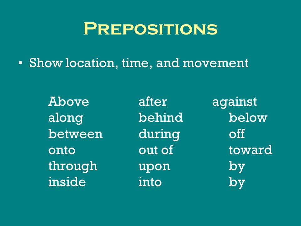 Prepositions Show location, time, and movement Aboveafter against alongbehindbelow betweenduringoff ontoout oftoward throughuponby insideintoby