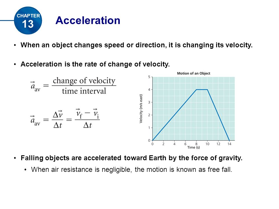 Acceleration When an object changes speed or direction, it is changing its velocity.