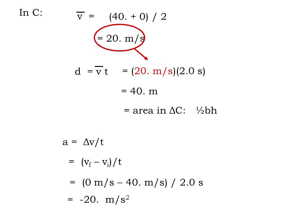 In C: v = = 20. m/s d = v t = (20. m/s)(2.0 s) = 40.