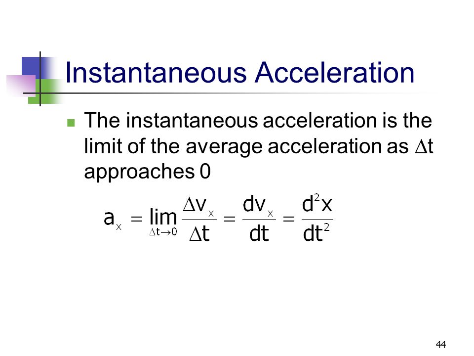 Average Acceleration Acceleration is the rate of change of the velocity It is a measure of how rapidly the velocity is changing Dimensions are L/T 2 SI units are m/s 2
