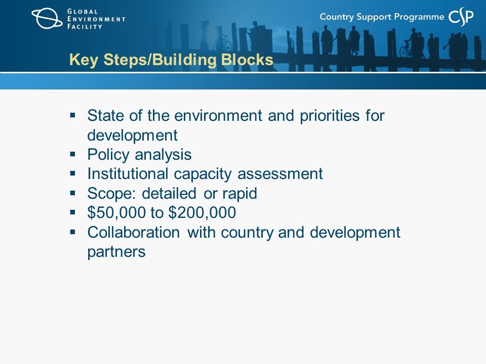 Key Steps/Building Blocks  State of the environment and priorities for development  Policy analysis  Institutional capacity assessment  Scope: detailed or rapid  $50,000 to $200,000  Collaboration with country and development partners