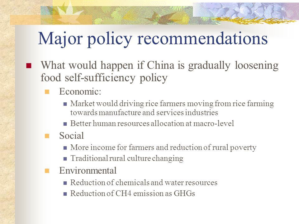 Major policy recommendations What would happen if China is gradually loosening food self-sufficiency policy Economic: Market would driving rice farmers moving from rice farming towards manufacture and services industries Better human resources allocation at macro-level Social More income for farmers and reduction of rural poverty Traditional rural culture changing Environmental Reduction of chemicals and water resources Reduction of CH4 emission as GHGs