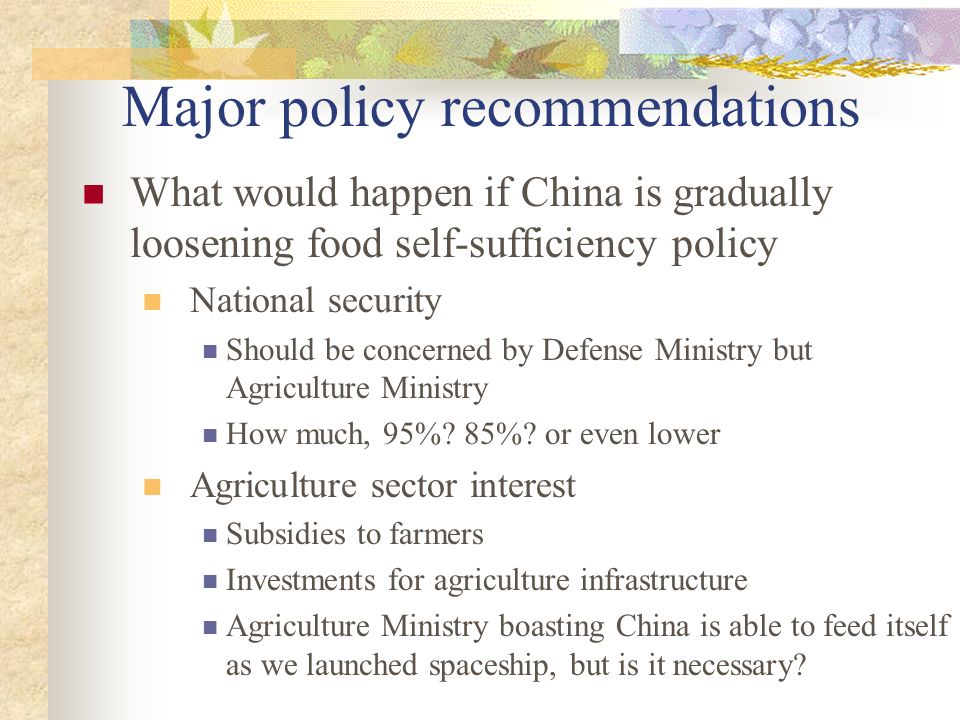 Major policy recommendations What would happen if China is gradually loosening food self-sufficiency policy National security Should be concerned by Defense Ministry but Agriculture Ministry How much, 95%.