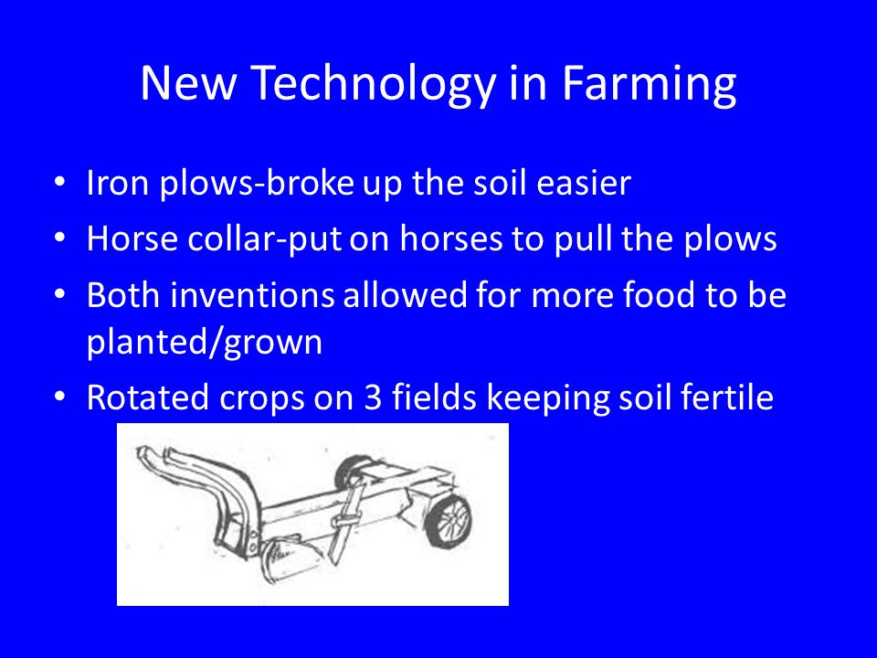 New Technology in Farming Iron plows-broke up the soil easier Horse collar-put on horses to pull the plows Both inventions allowed for more food to be planted/grown Rotated crops on 3 fields keeping soil fertile