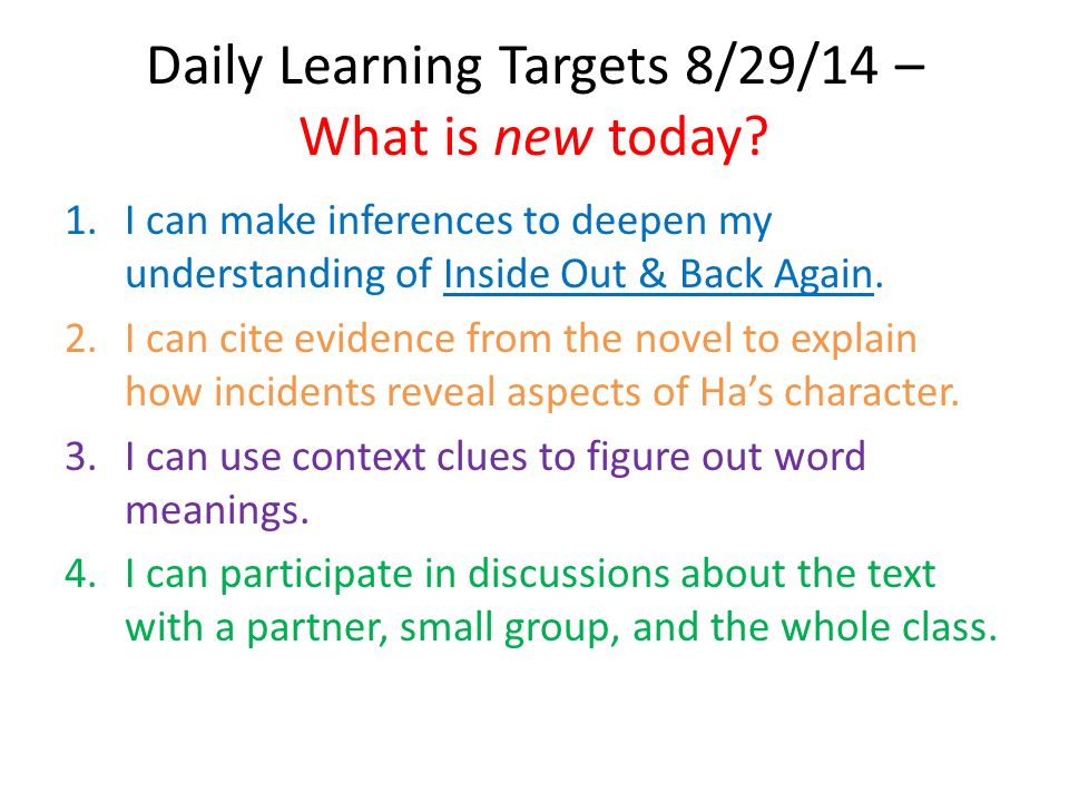 Daily Learning Targets 8/29/14 – What is new today.