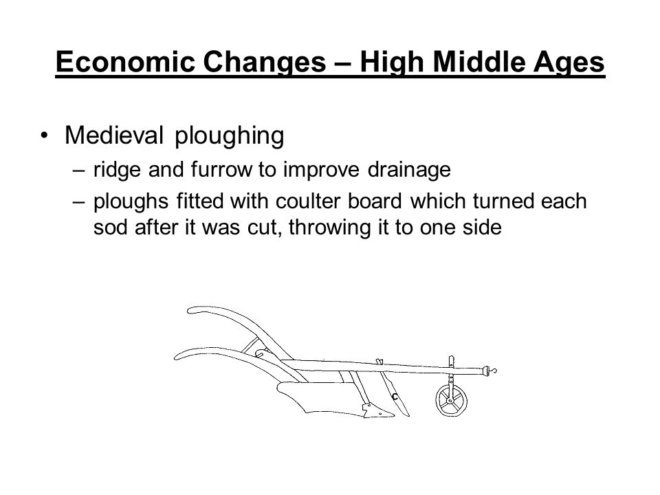 Economic Changes – High Middle Ages Medieval ploughing –ridge and furrow to improve drainage –ploughs fitted with coulter board which turned each sod after it was cut, throwing it to one side
