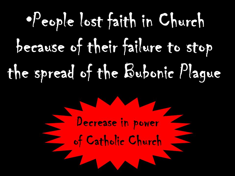 People lost faith in Church because of their failure to stop the spread of the Bubonic Plague Decrease in power of Catholic Church