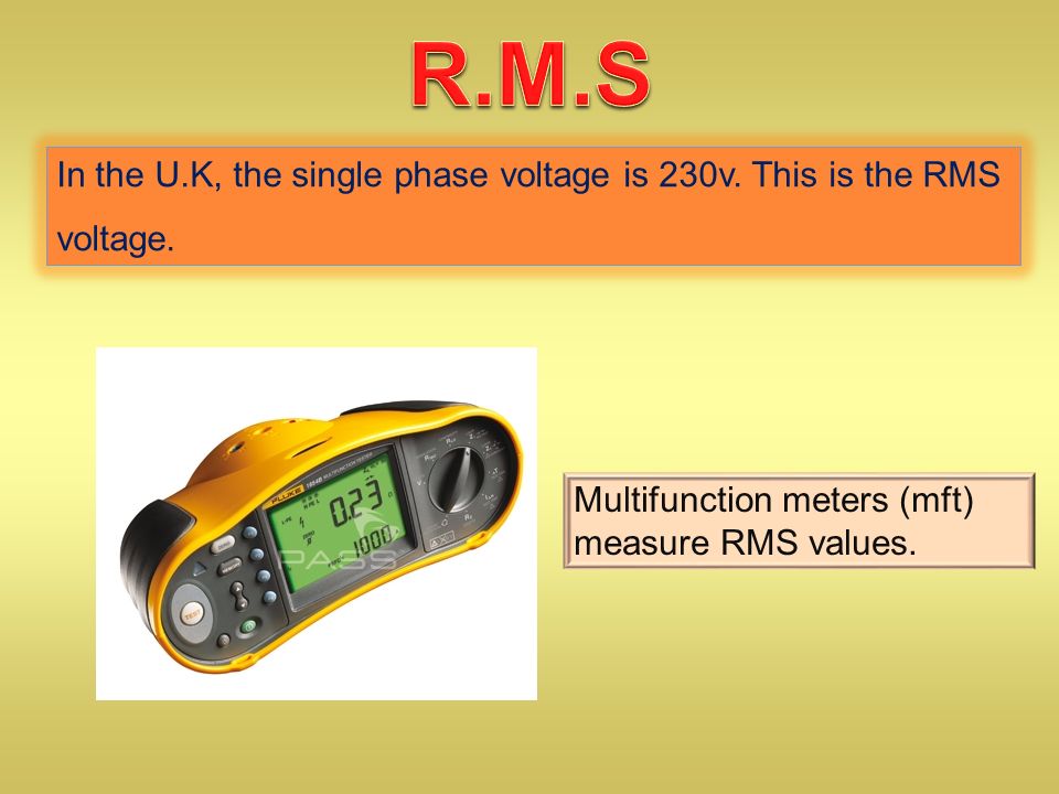 In the U.K, the single phase voltage is 230v. This is the RMS voltage.