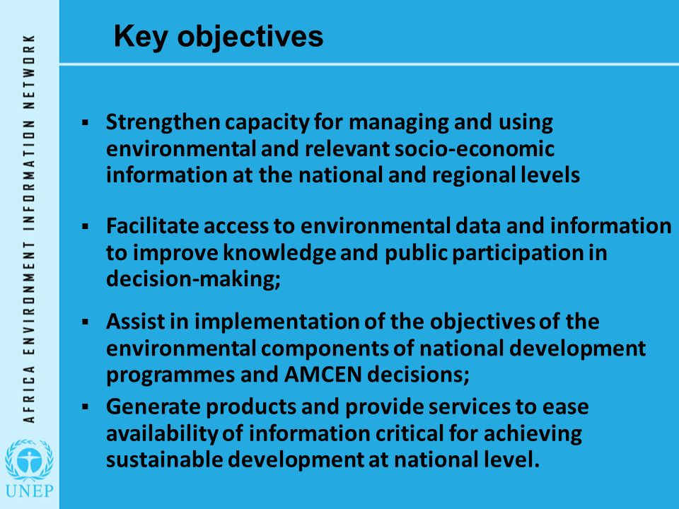 Key objectives  Generate products and provide services to ease availability of information critical for achieving sustainable development at national level.