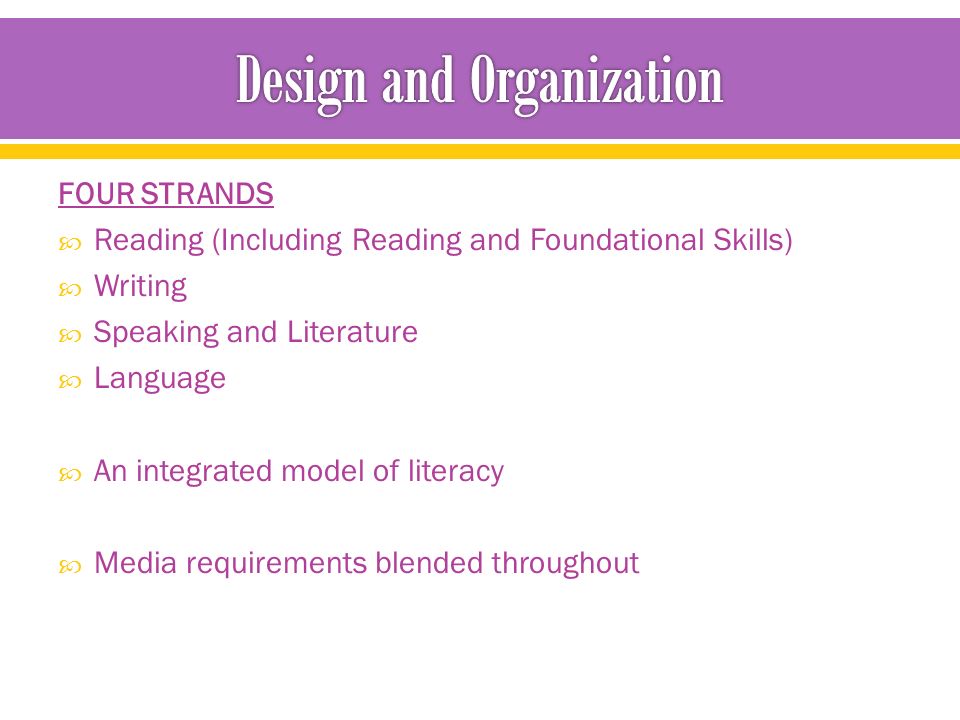 FOUR STRANDS  Reading (Including Reading and Foundational Skills)  Writing  Speaking and Literature  Language  An integrated model of literacy  Media requirements blended throughout