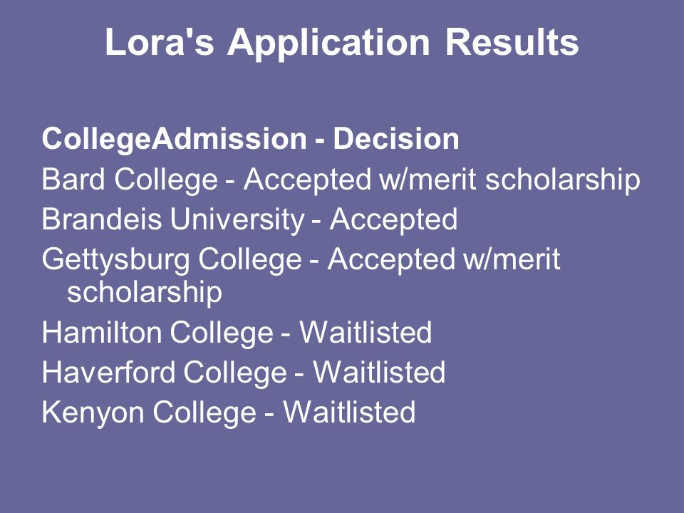 Lora s Application Results CollegeAdmission - Decision Bard College - Accepted w/merit scholarship Brandeis University - Accepted Gettysburg College - Accepted w/merit scholarship Hamilton College - Waitlisted Haverford College - Waitlisted Kenyon College - Waitlisted