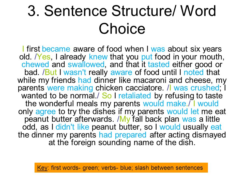 3. Sentence Structure/ Word Choice I first became aware of food when I was about six years old.