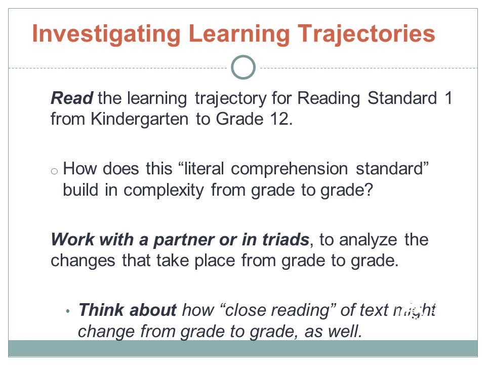Investigating Learning Trajectories Read the learning trajectory for Reading Standard 1 from Kindergarten to Grade 12.