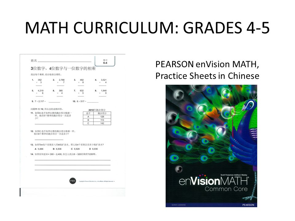 MATH CURRICULUM: GRADES 4-5 PEARSON enVision MATH, Practice Sheets in Chinese