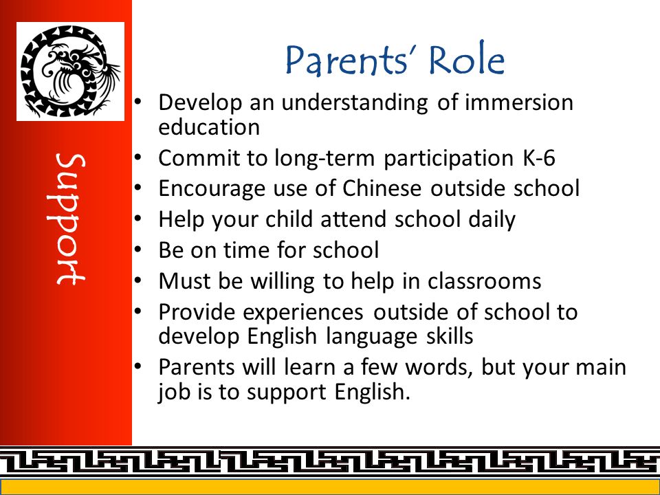 Parents’ Role Develop an understanding of immersion education Commit to long-term participation K-6 Encourage use of Chinese outside school Help your child attend school daily Be on time for school Must be willing to help in classrooms Provide experiences outside of school to develop English language skills Parents will learn a few words, but your main job is to support English.
